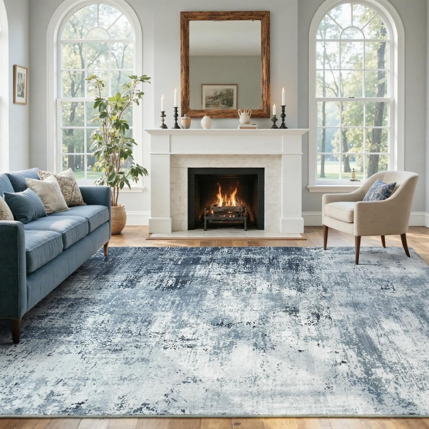 Detalle de 6x9 Ft Blue Abstract Area Rug — Non-Slip, Washable, Soft Low-Pile for Living Room