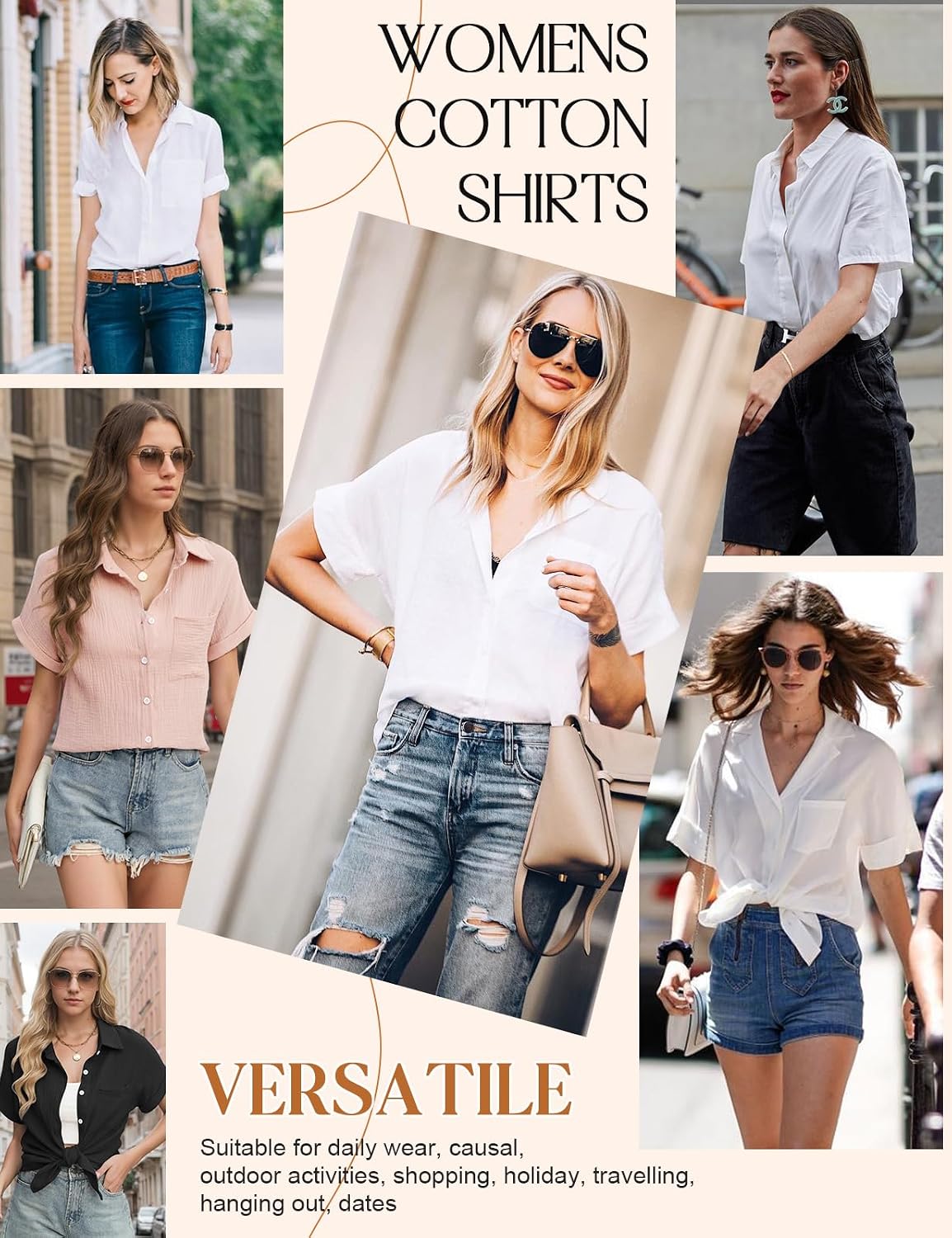 Detalle de PASUDA camicia donna estiva in cotone con scollo a V e bottoni, manica corta casual elegante