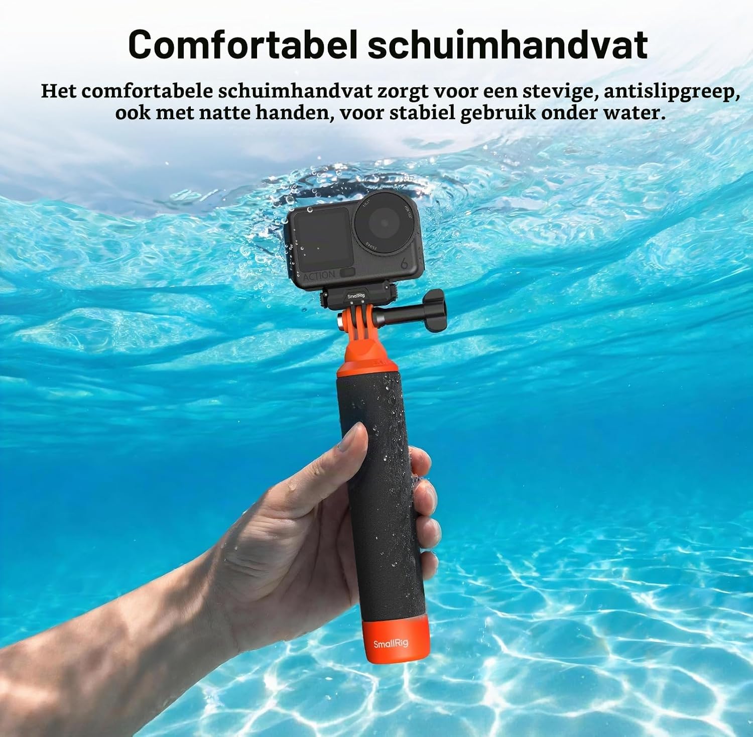 Detalle 2 de SMALLRIG 6152 drijvende actiecamera-handgreep met polsband en oranje grip