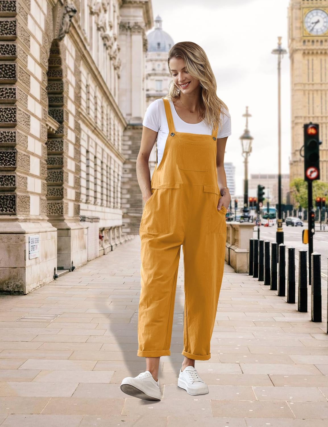 Detalle de YESNO Damen-Latzhose Sommer Oversize mit Taschen – lässiger Baggy-Jumpsuit im Boyfriend-Style
