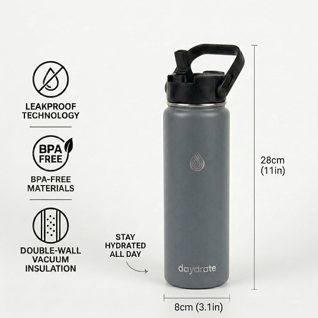 Detalle de Daydrate 750ml Insulated Stainless Steel Water Bottle with Dual Lid – Grey