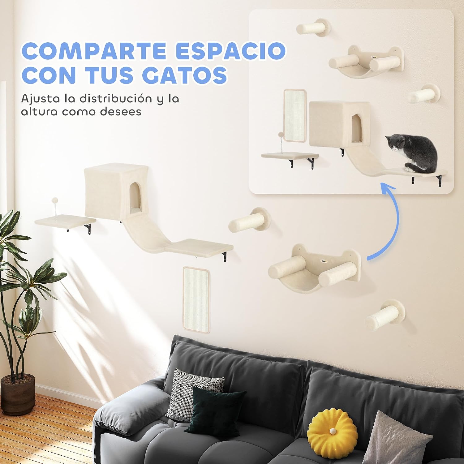 Detalle 2 de PawHut Escalada de pared para gatos 6 piezas