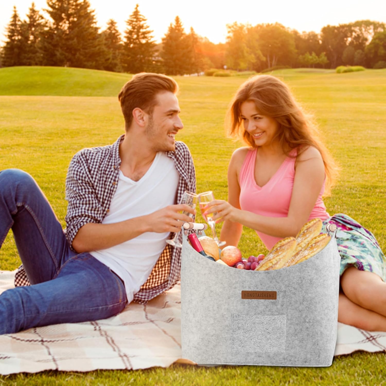 Detalle de XL Log Baskets felt Bag with extra thick felt and reinforced handles (Misty Grey)