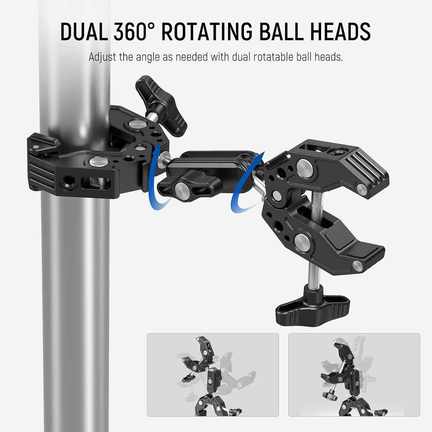Detalle de NEEWER UA036 ダブルスーパークランプ付きマジックアーム、コールドシュー・360°調整対応