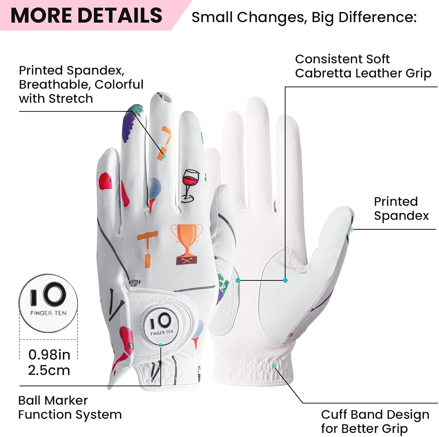 Detalle 1 de FINGER TEN Colorful Women's Golf Glove, Large, Full-Golf Party, Right Hand