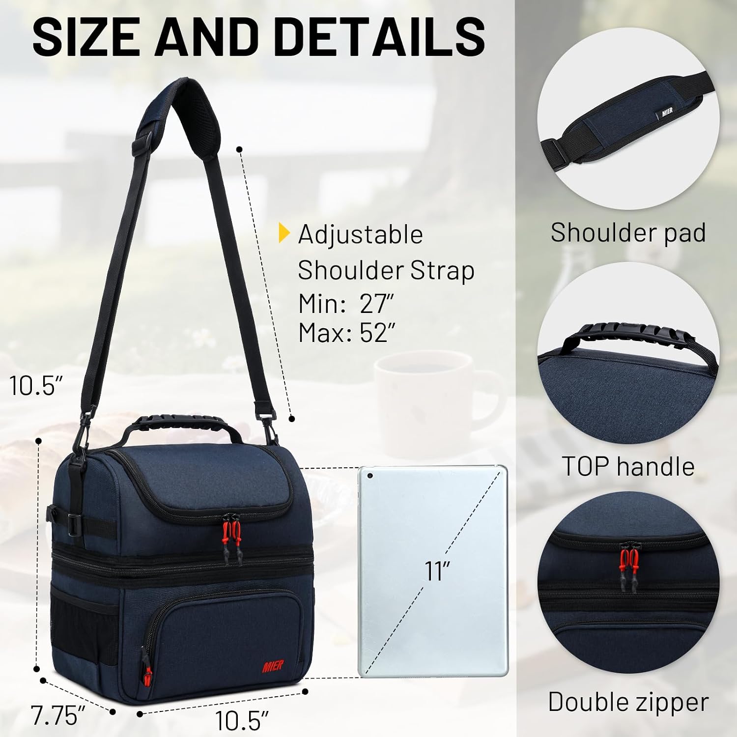 Thumbnail 5 de MIER Dual Compartment Lunch Bag Tote with Shoulder Strap – Insulated, Leakproof Cooler, Dark Blue