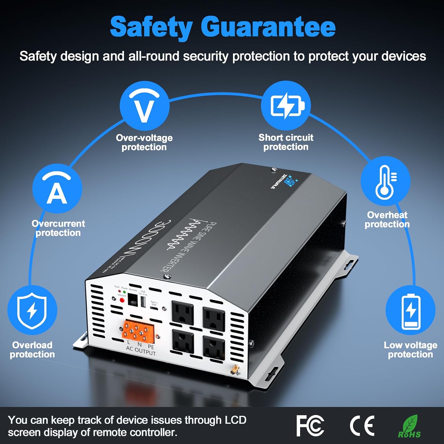 Detalle de 3000 Watts Pure Sine Wave Inverter 12V DC to 110V/120V AC with 6000W Peak, LCD Remote, USB-C & 4 Outlets