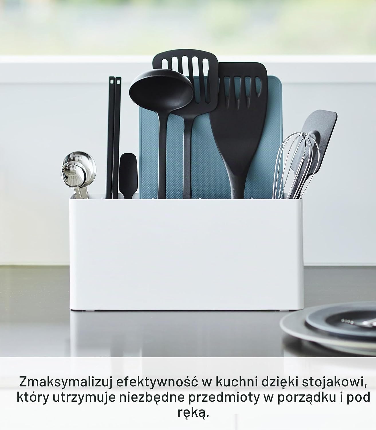 Detalle 2 de Yamazaki TOWER 8146 – uchwyt na przybory kuchenne i deskę, stal i ABS