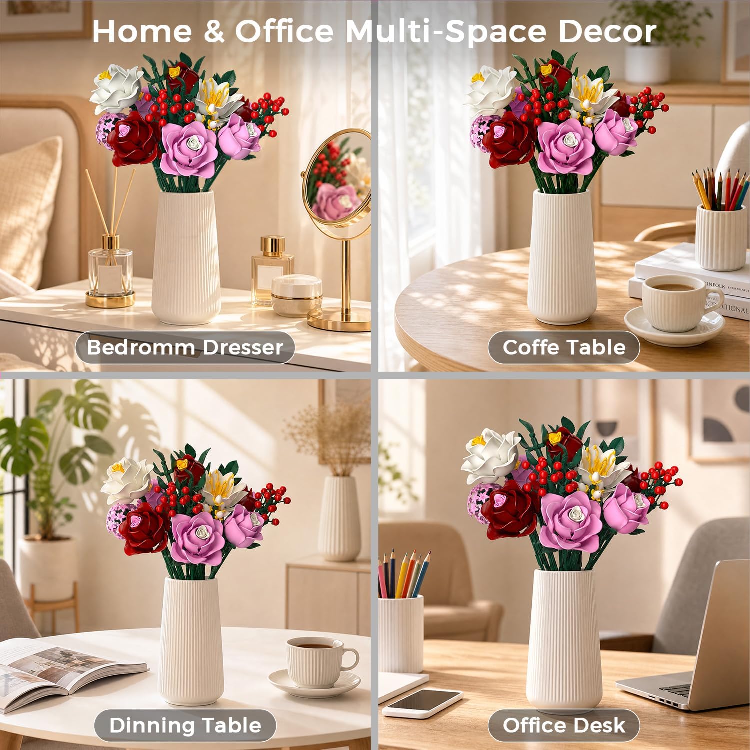 Thumbnail 6 de Layered Blush Pink Roses Bouquet Building Set, 720 Pieces, Adjustable Stems