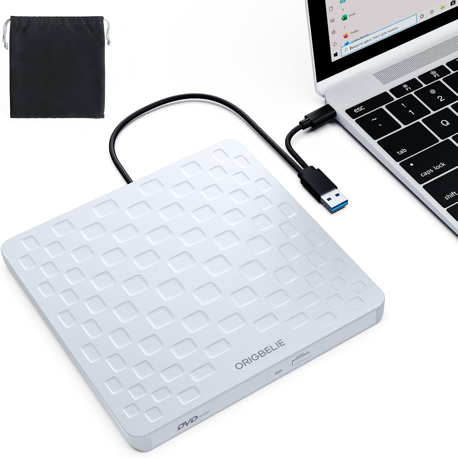 Detalle de ORIGBELIE External CD/DVD Drive for Laptop – Ultra-slim 13mm USB 3.0 Type-C Portable Burner/Reader (White)