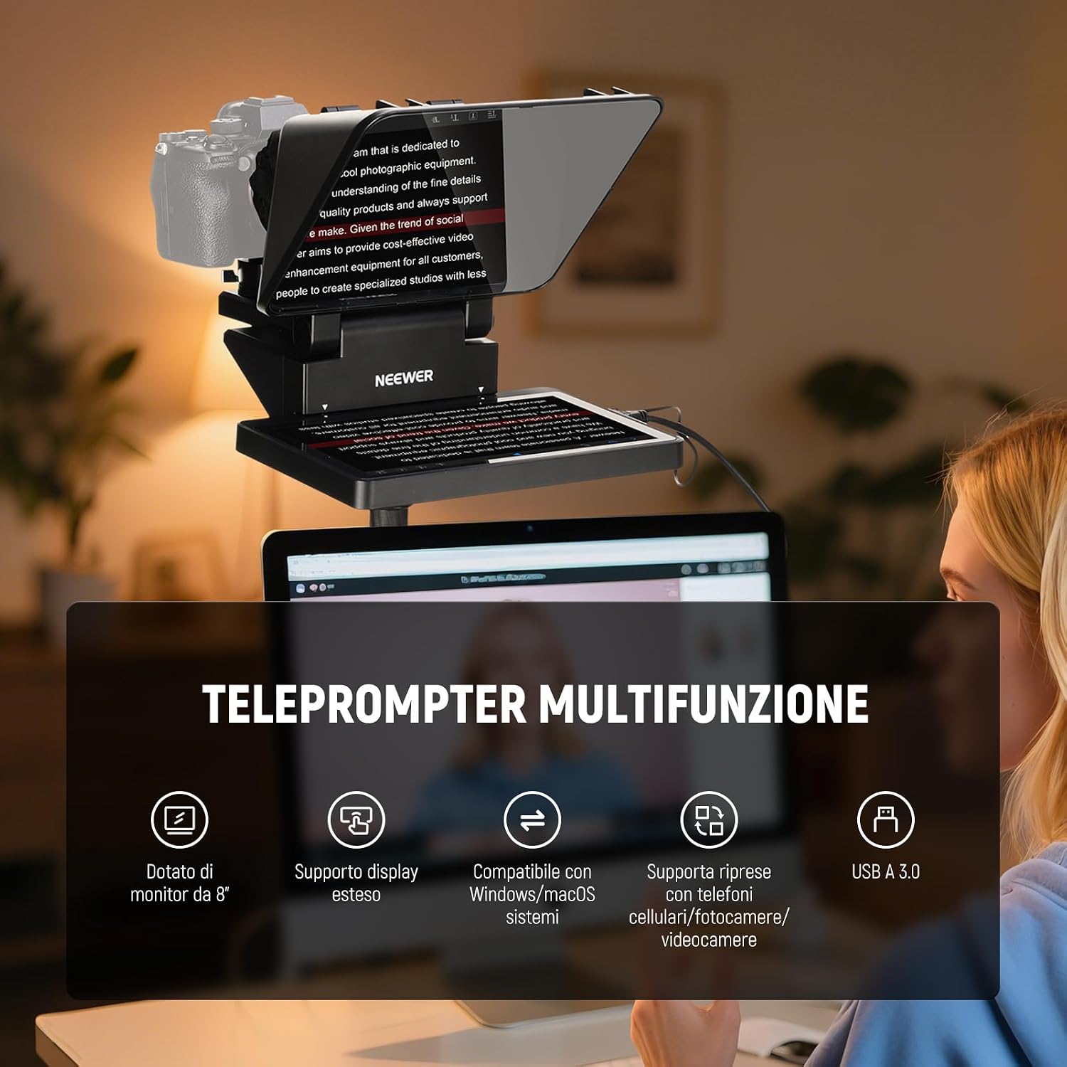 Detalle 2 de NEEWER Teleprompter 2in1 11" con Monitor: promo-friendly companion per YouTube, Streaming e videoconferenze