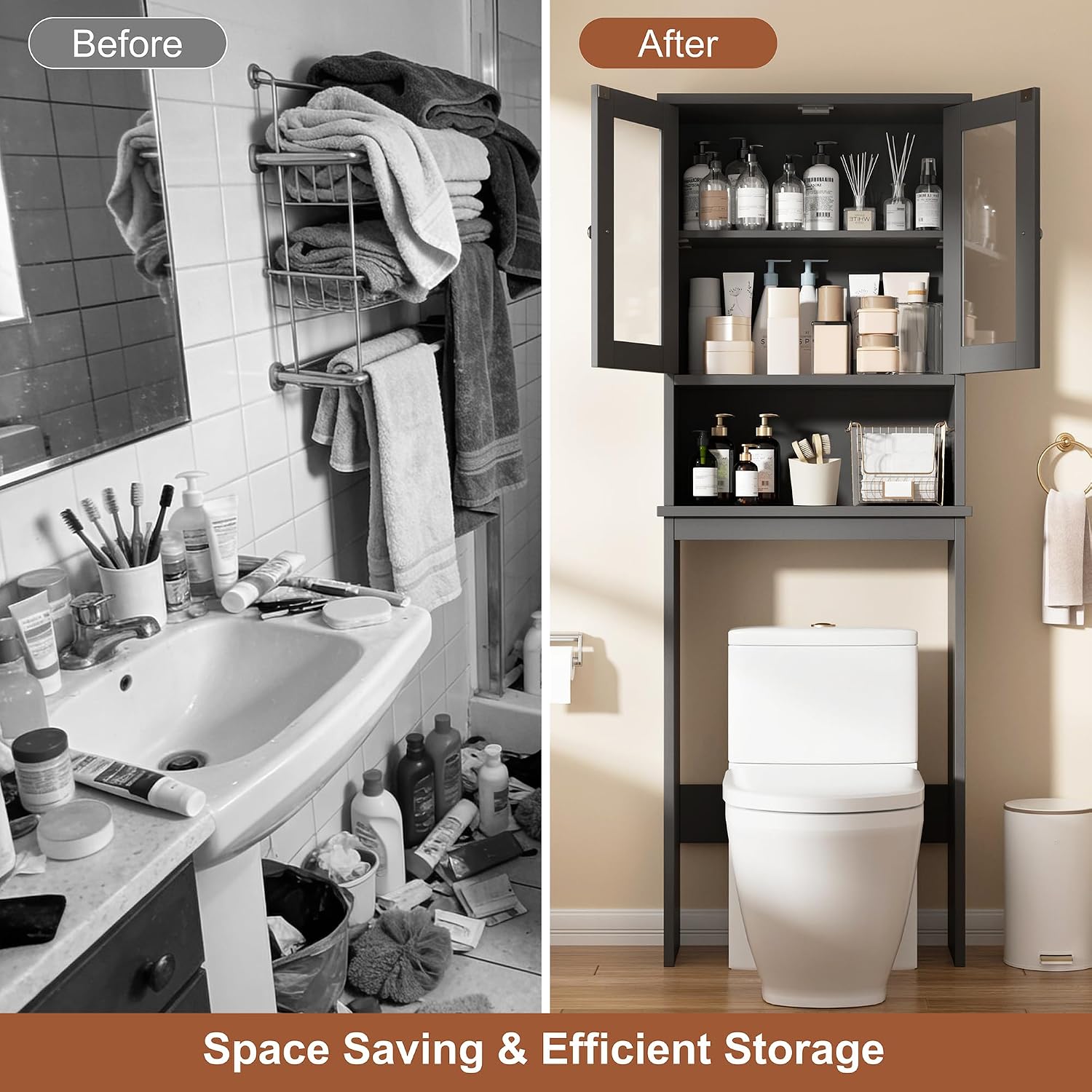 Detalle 1 de Shintenchi Over-the-Toilet Storage Cabinet, Grey, Adjustable Shelf and Glass Door