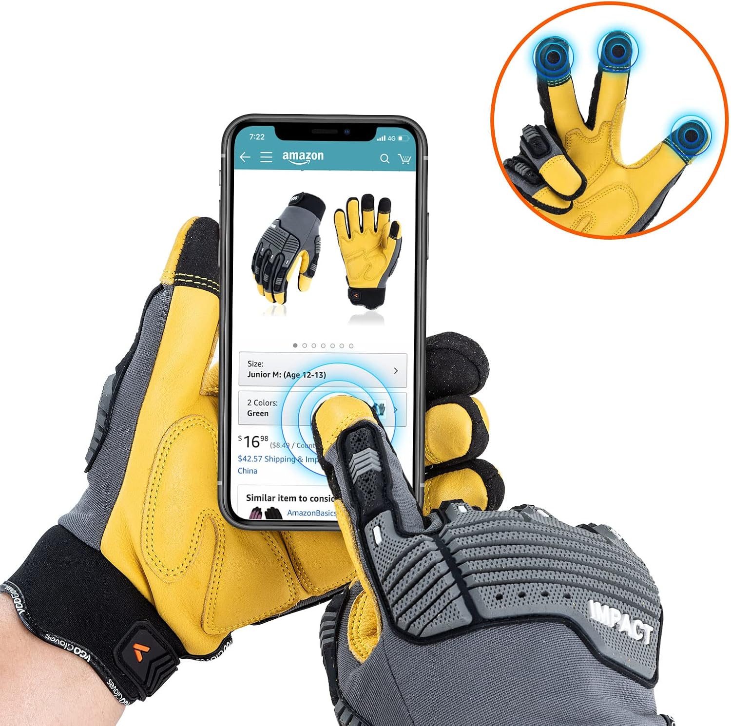 Thumbnail 5 de Vgo Work Gloves for Men with Touchscreen Palm in Cowhide Leather (Heavy Duty, Anti-Impact) – 1 Pair (L)