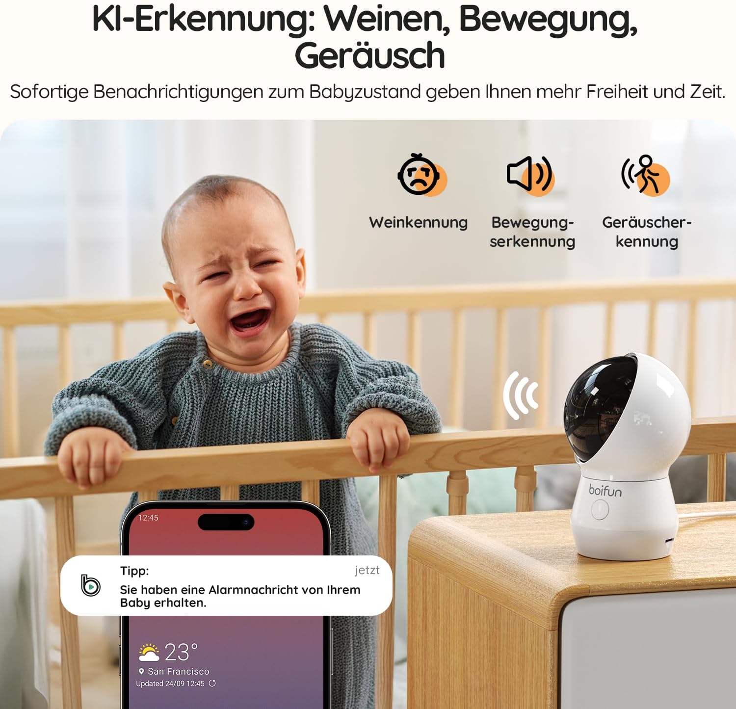 Thumbnail 6 de BOIFUN 5.5" Babyphone mit Kamera WLAN – 4MP Video, KI‑Bauchlage-Erkennung, Nachtlicht und Auto-Tracking