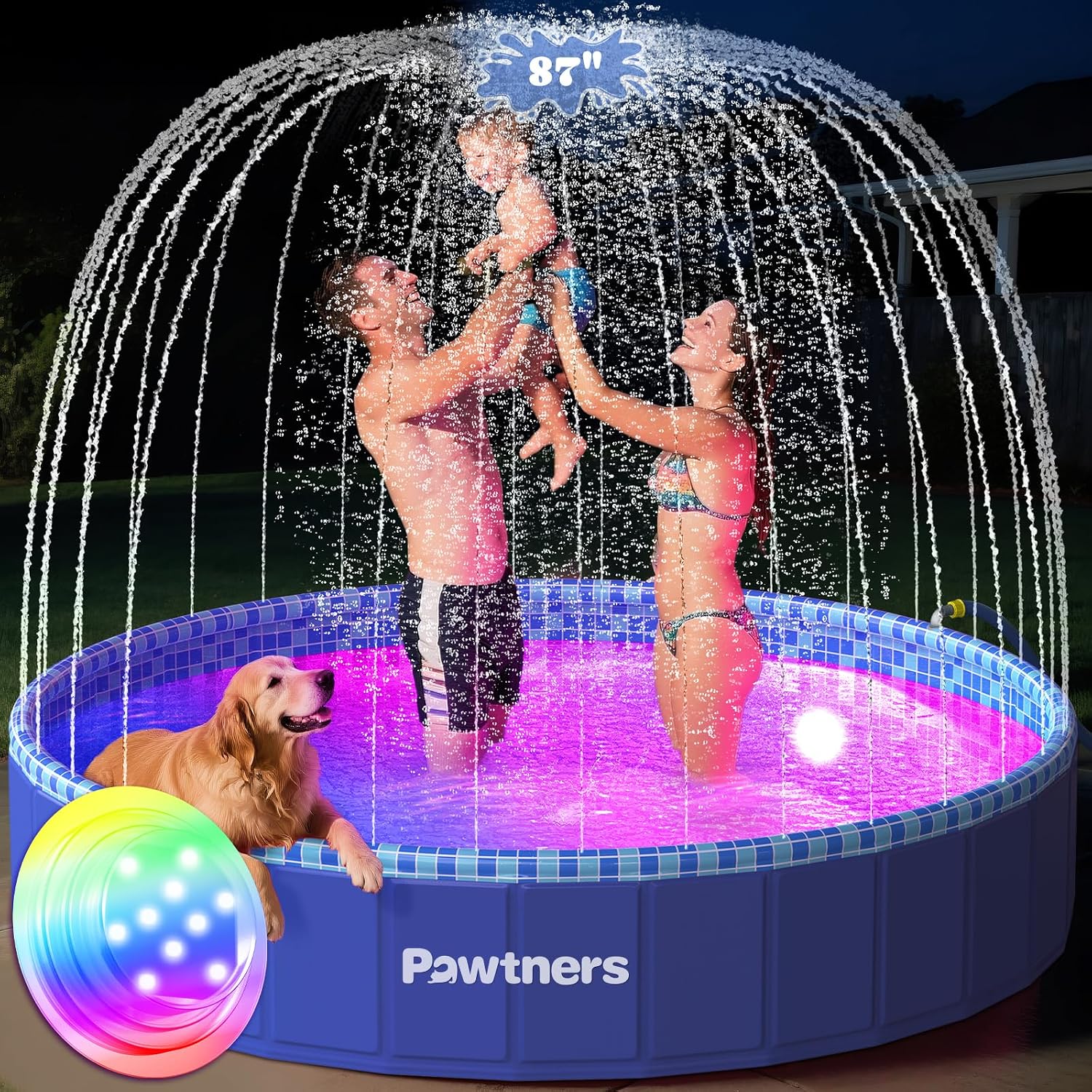 Detalle de Foldable Dog Pool with Sprinkler RGB LED Light (87-inch) – Blue Collapsible Pet Splash Pool