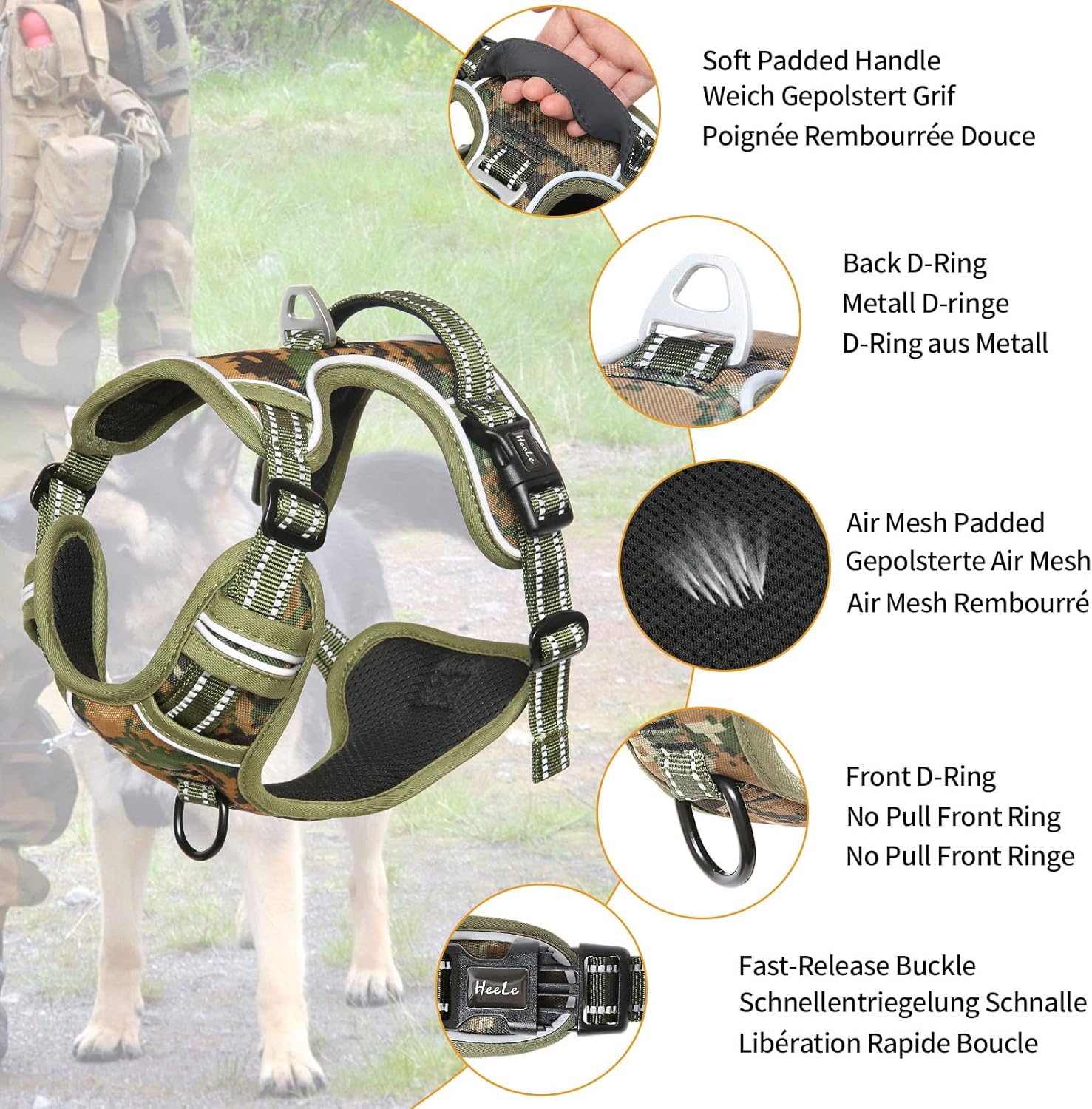 Detalle de HEELE Camouflage Dog Harness (XL) – Anti-Pull, Breathable & Adjustable