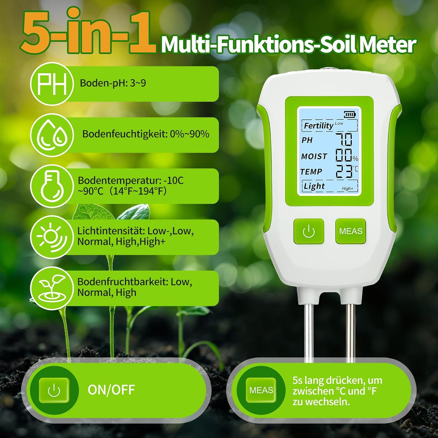 Thumbnail 2 de Heemol Soil Tester 5-in-1 bodemtester voor pH, vocht, temperatuur en licht