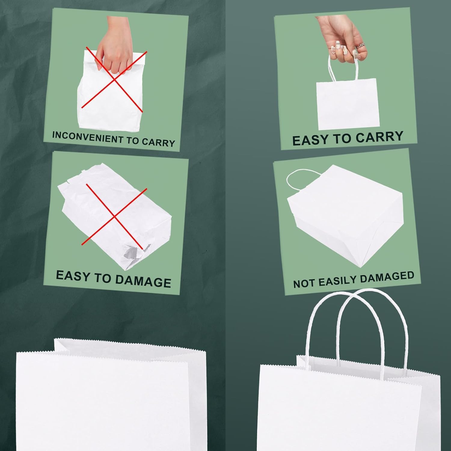 Detalle de Switory 50 Papiertüten mit Henkel (13,3 x 9,5 x 20,3 cm) aus Kraftpapier – weiße Candy- und Geschenkbeutel