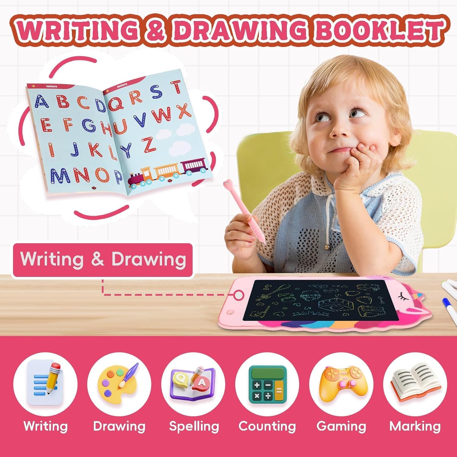 Detalle de Decute KM806 LCD Writing Tablets, 8.5-Inch Unicorn 2-Pack in Pink and Purple