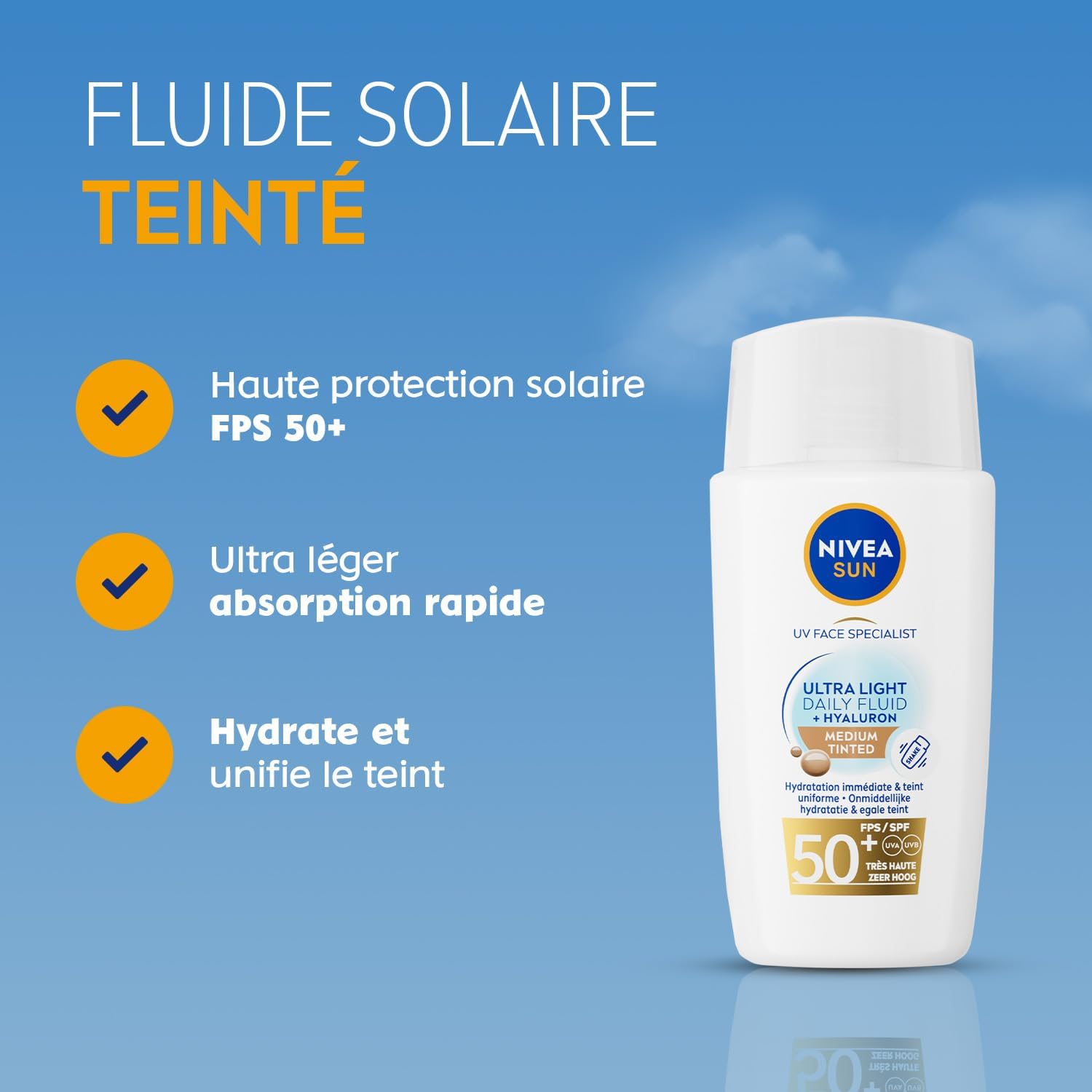 Detalle de NIVEA SUN Fluide Teinté UV Quotidien FPS 50+ – visage hydratant et unificateur (Medium, 40 ml)
