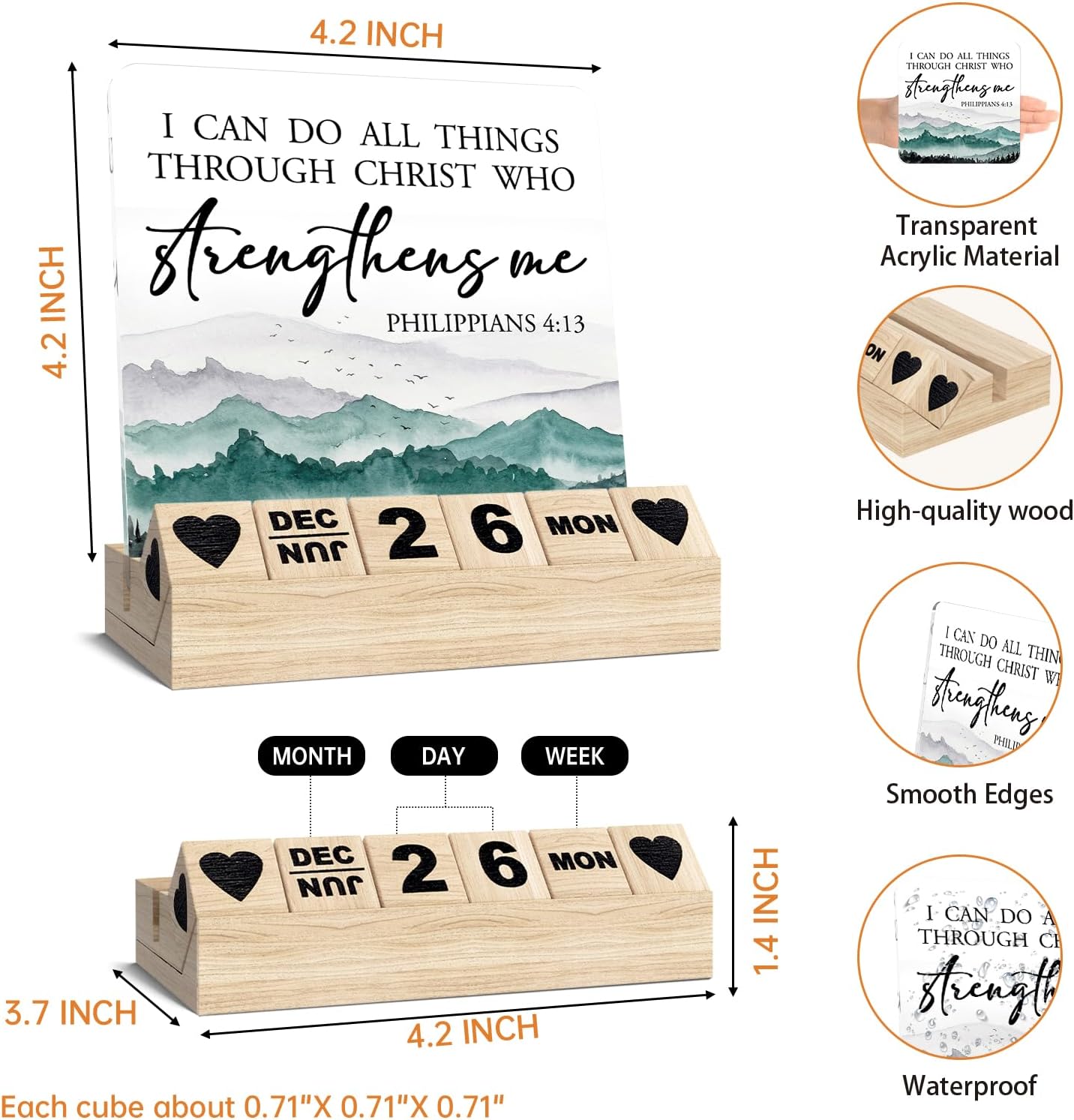Detalle 2 de Ythuil Inspirational Acrylic Desk Calendar with Wooden Base, 4.2" x 4.2