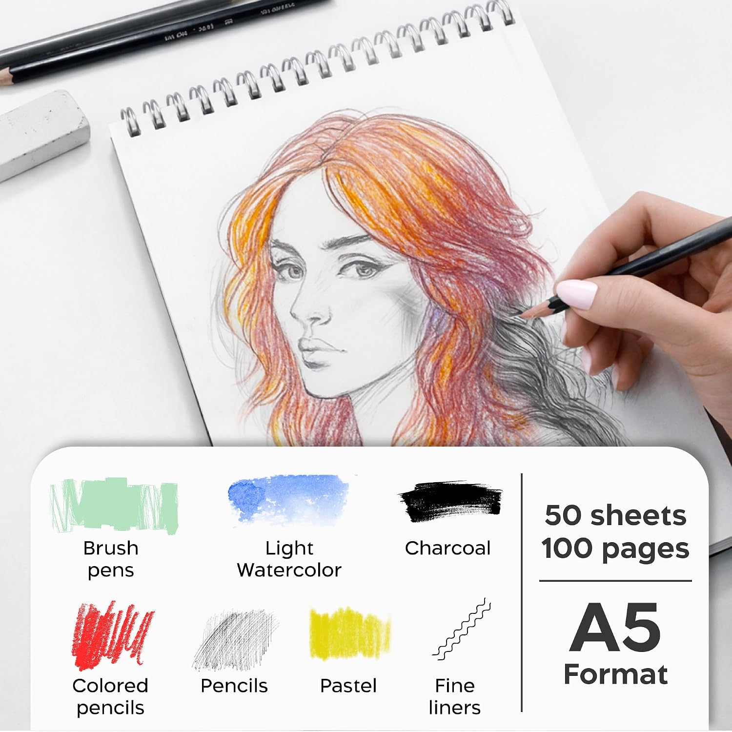 Detalle de Zenacolor Sketch Book A4 Hardcover – 50 Sheets (100 Pages) of 200gsm Thick Paper, Spiral Bound