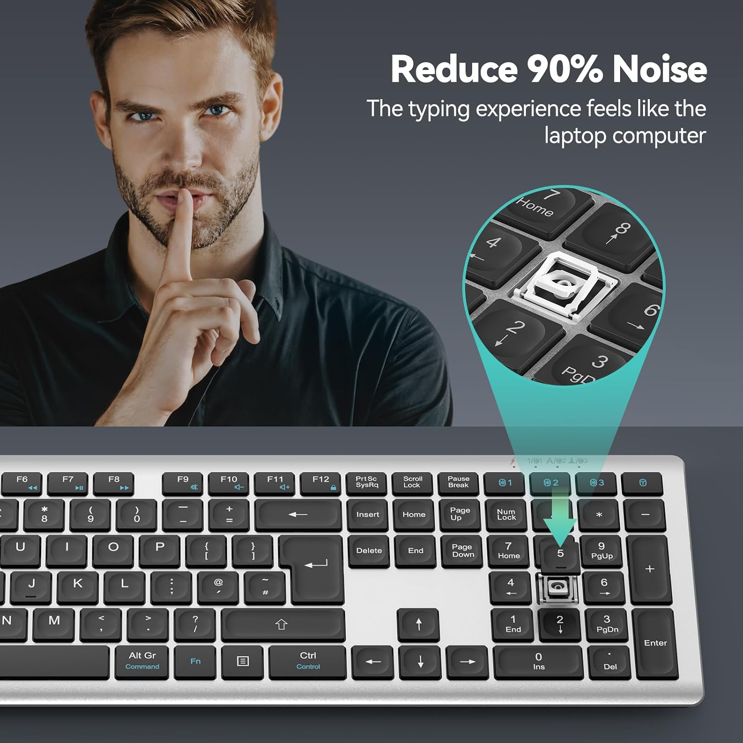 Detalle de TECKNET Wireless Keyboard: Ultra-Slim UK Layout, Rechargeable 4-Device Tri-Mode Keyboard