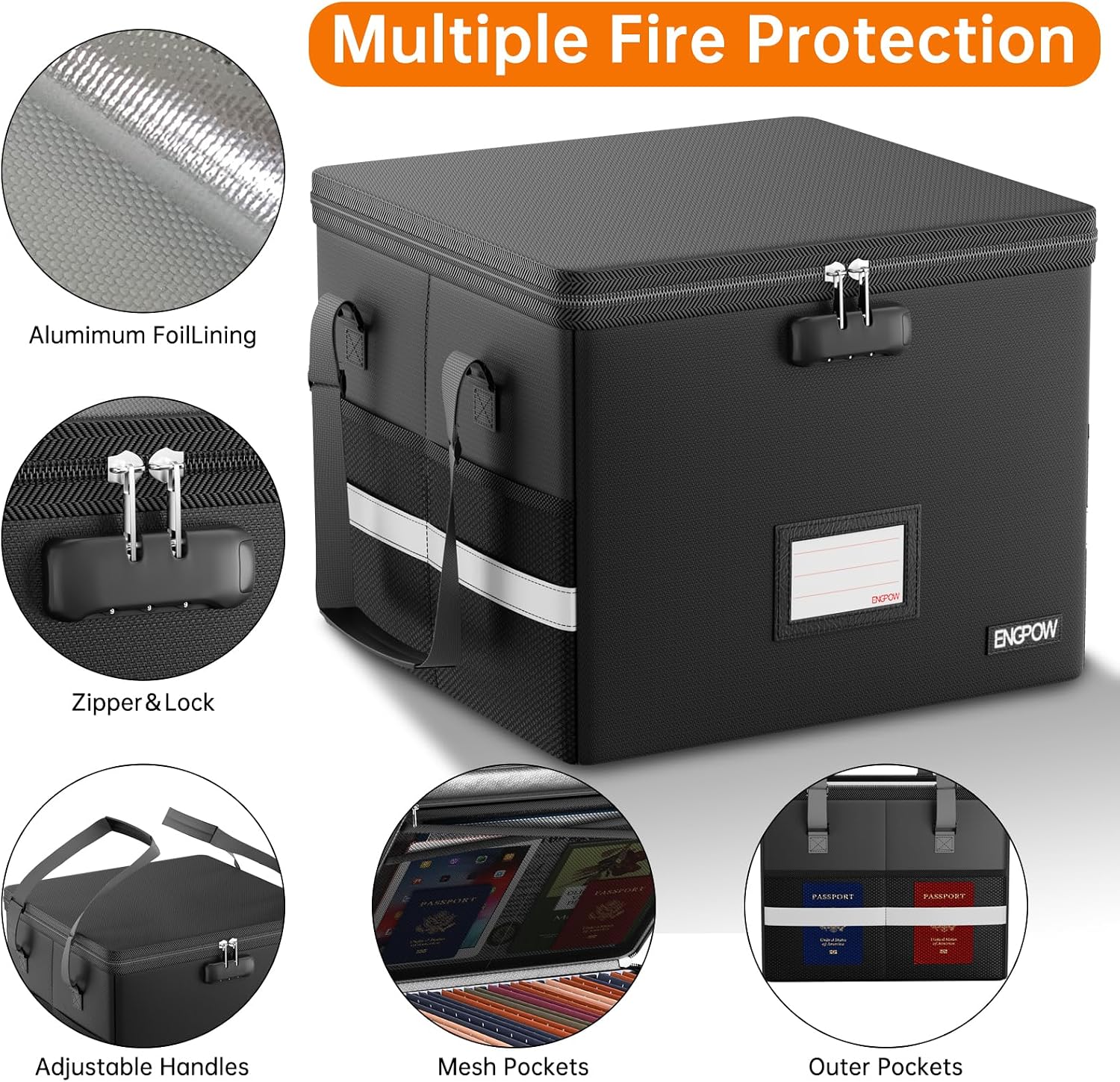 Detalle de ENGPOW EG086 Fireproof Document Box, 36L Lockable Letter/Legal File Storage