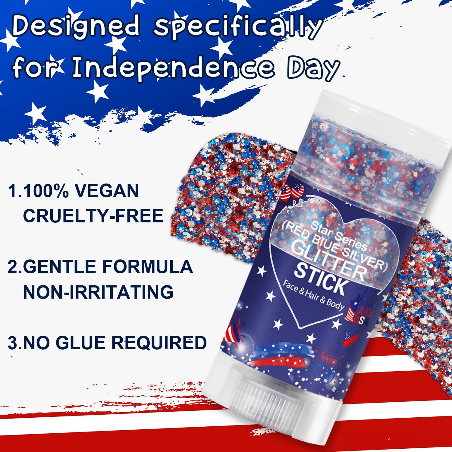 Detalle de Patriotic Body Glitter Stick: Waterproof Gel for Face, Body & Hair – Red, White & Blue Sparkle