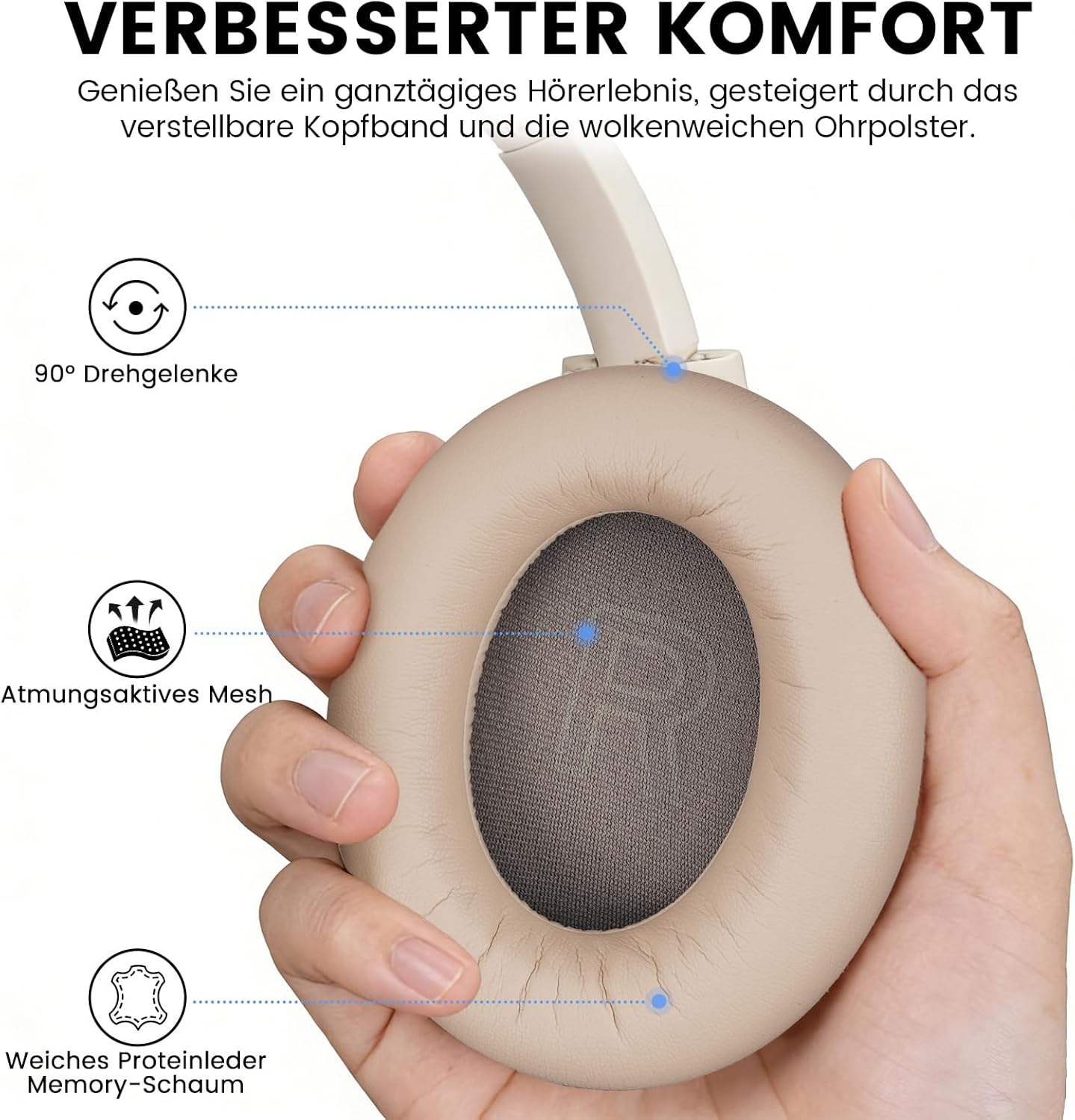 Detalle de 1Mii Y8+ Hybrid ANC Over-Ear Kopfhörer – 100 Stunden Laufzeit, LDAC, App-EQ, Bluetooth 6.0, Biege- und Reisekomfort