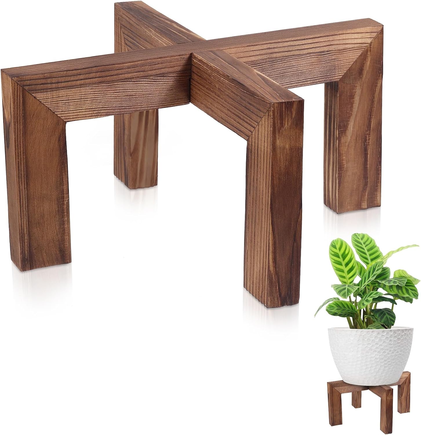 Detalle de Vigordream Wooden Plant Stand for 5–15-Inch Pots, Walnut-Coloured Pine