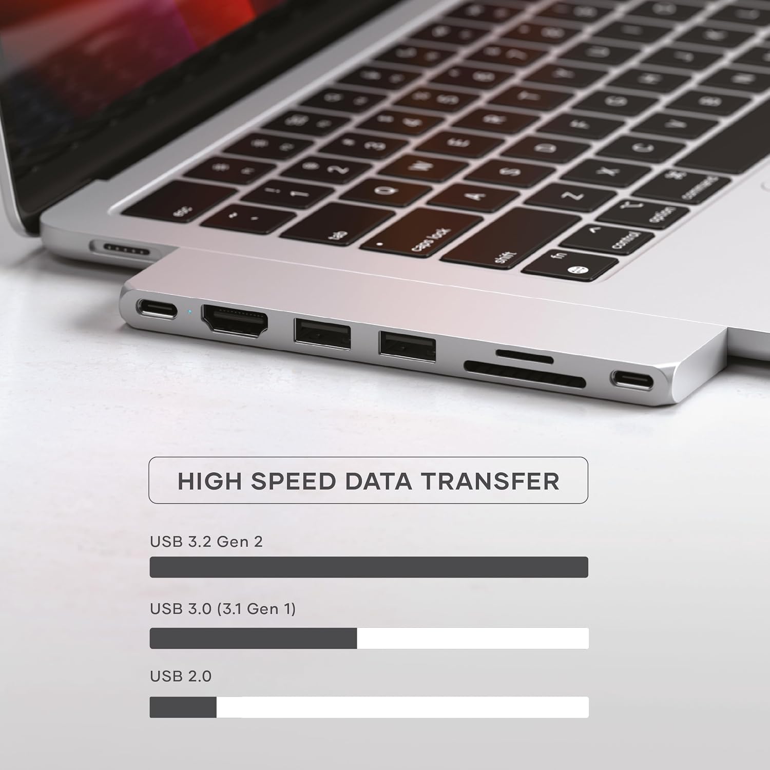 Detalle de SATECHI Hub Dual USB-C Pro Slim 7 in 1: USB4 40 Gbps, 100W PD, HDMI e lettori SD per MacBook