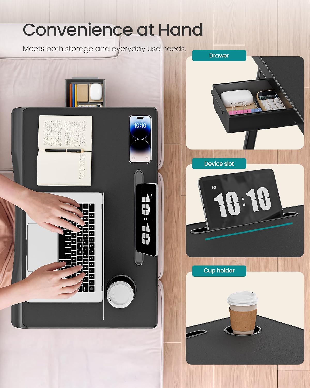 Detalle de SONGMICS ULLD120B101 Foldable Lap Desk with Cup Holder, Tablet Slot and Drawer