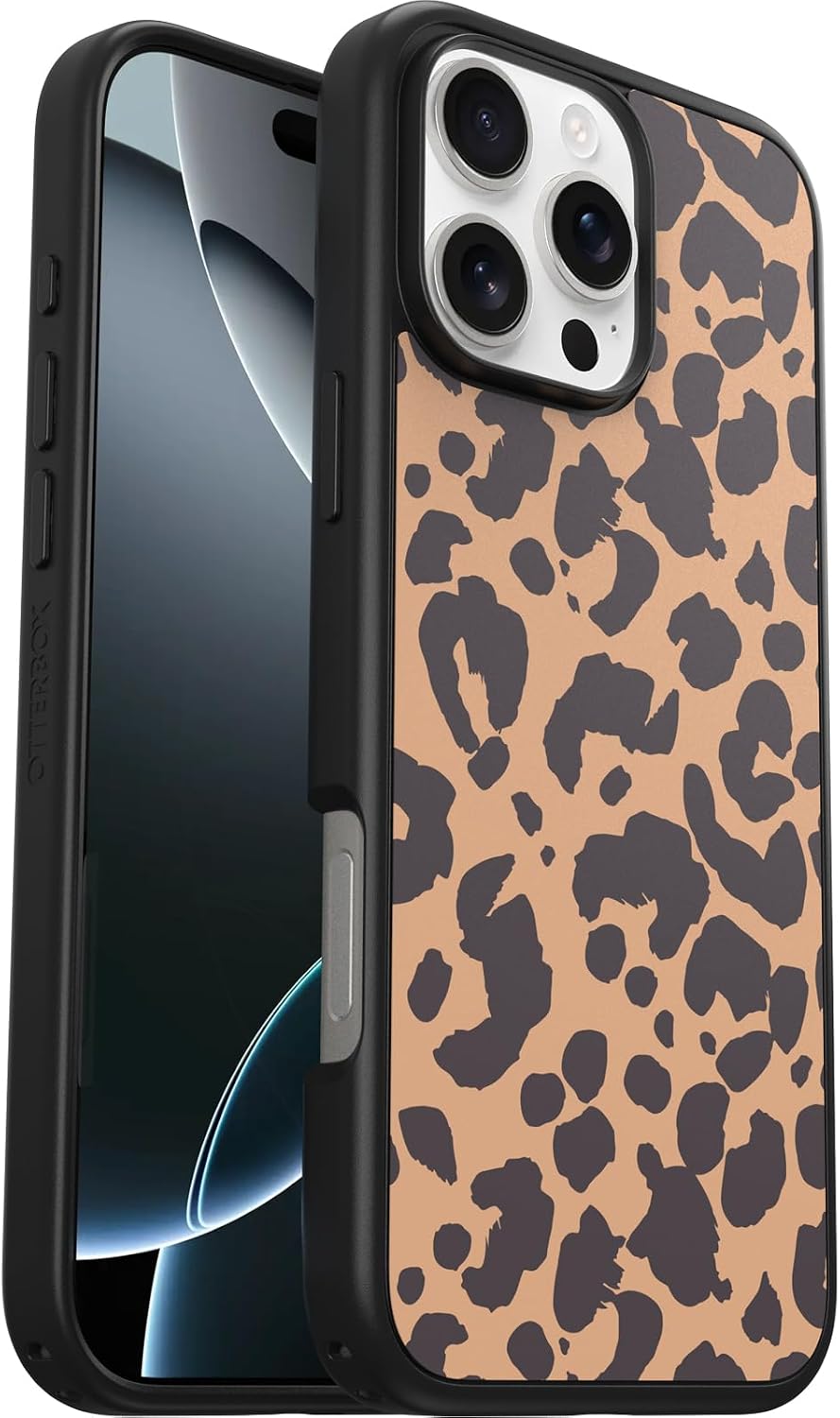 Detalle de OtterBox Symmetry Series MagSafe per iPhone 16 Pro Max: custodia ultrasottile con protezione antiurto e stile animal print