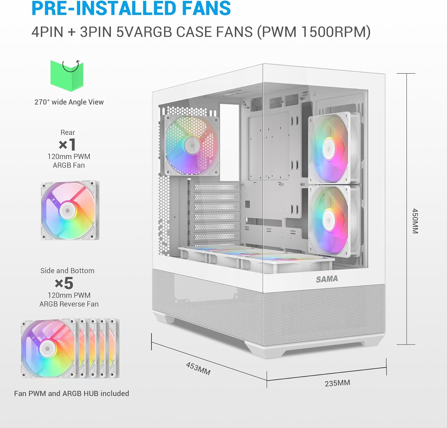 Thumbnail 1 de SAMA V40 Mid-Tower-ATX-Gehäuse – 6 ARGB-PWM-Lüfter vorinstalliert, Glas-Doppelkammer-Design, USB-C, Weiß