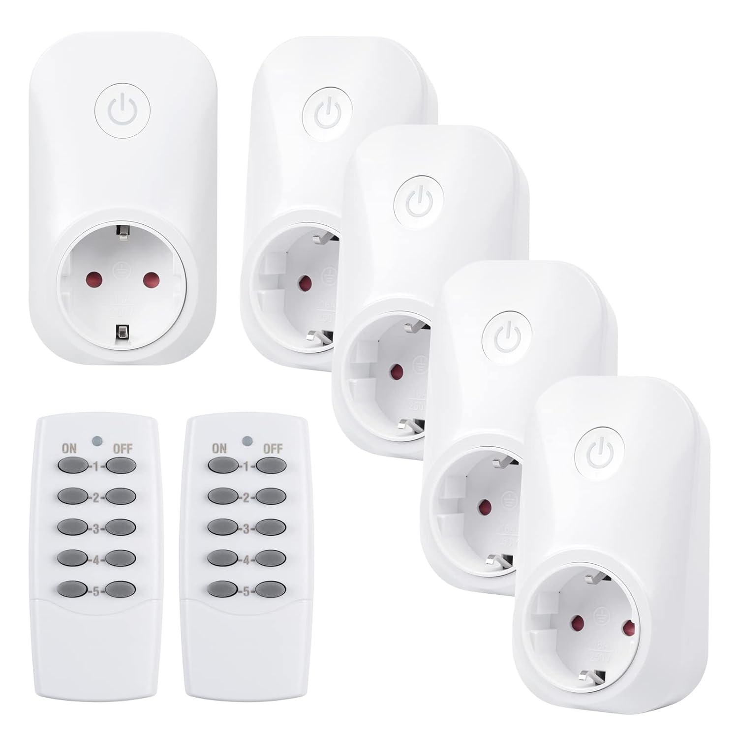 Detalle de HBN Funksteckdosen-Set (5x Steckdosen) mit 2 Fernbedienungen – 3680 W, 230 V, Reichweite bis 30 m, Weiß