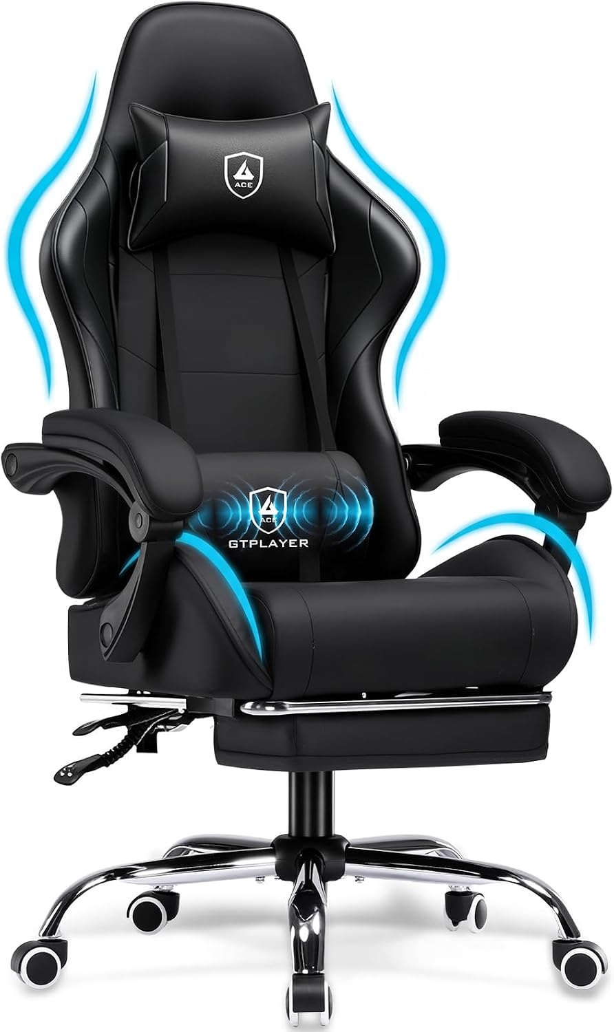 Detalle de GTPLAYER WDJ01-BLK gamingstoel met massage-lendensteun, voetensteun en zwart design
