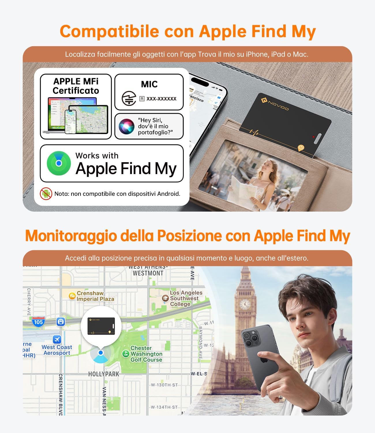 Detalle 2 de NOVOO Wallet Tracker Card con ricarica wireless: localizzatore Bluetooth per iPhone (solo iOS) con Apple Find My