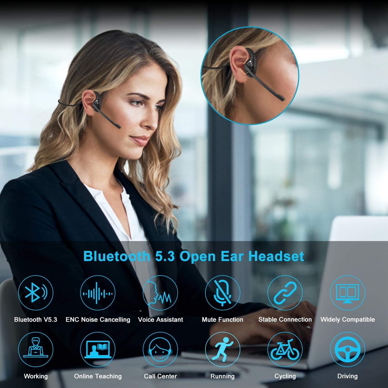 Detalle 2 de iDIGMALL Bluetooth 5.3 Open-Ear Headset with Microphone (270° mic) – lightweight wireless for phone, PC and laptop
