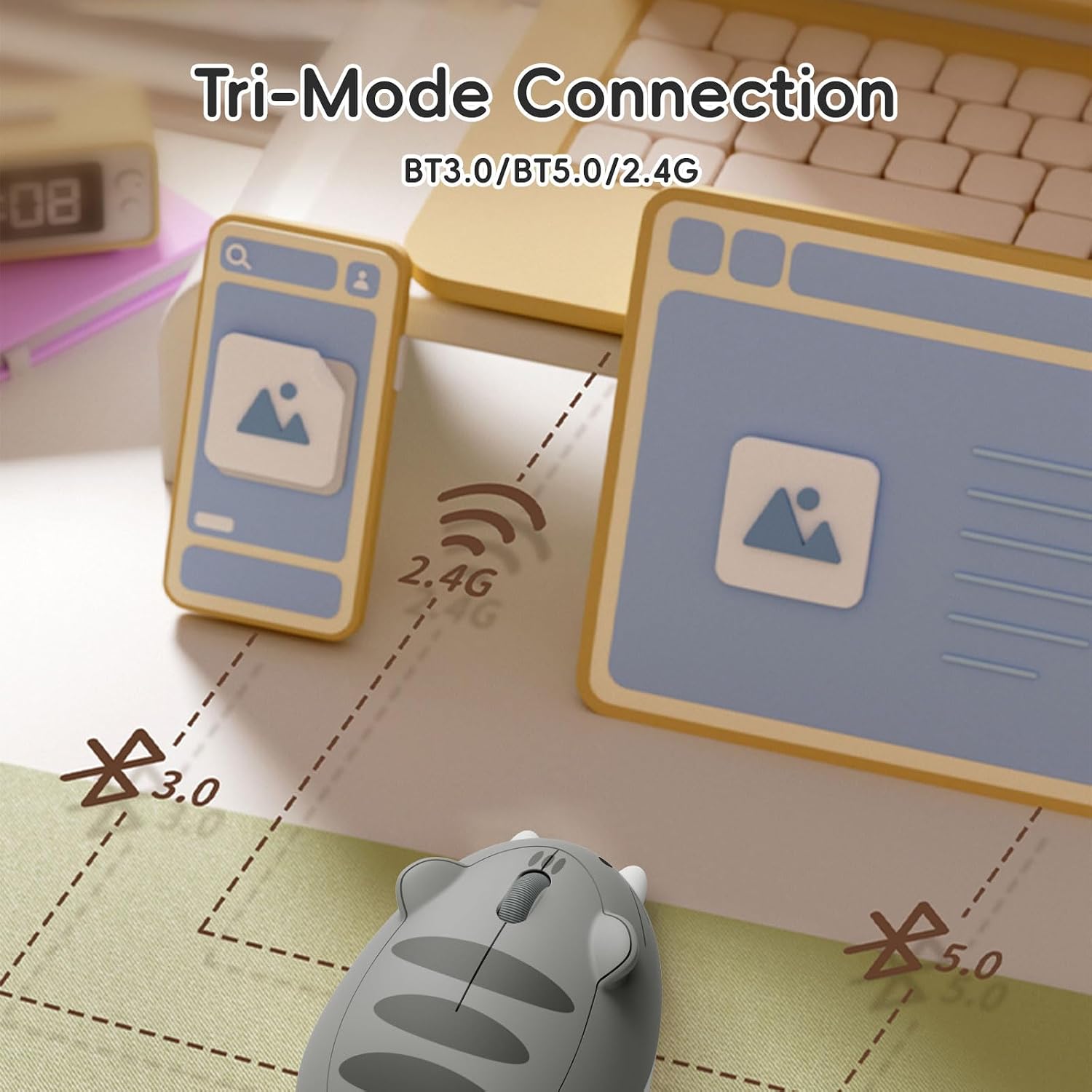 Detalle 2 de Akko Cute Wireless Mouse Cat Theme with 3200 DPI – Tri-Mode, Silent Click, Grey Mimo