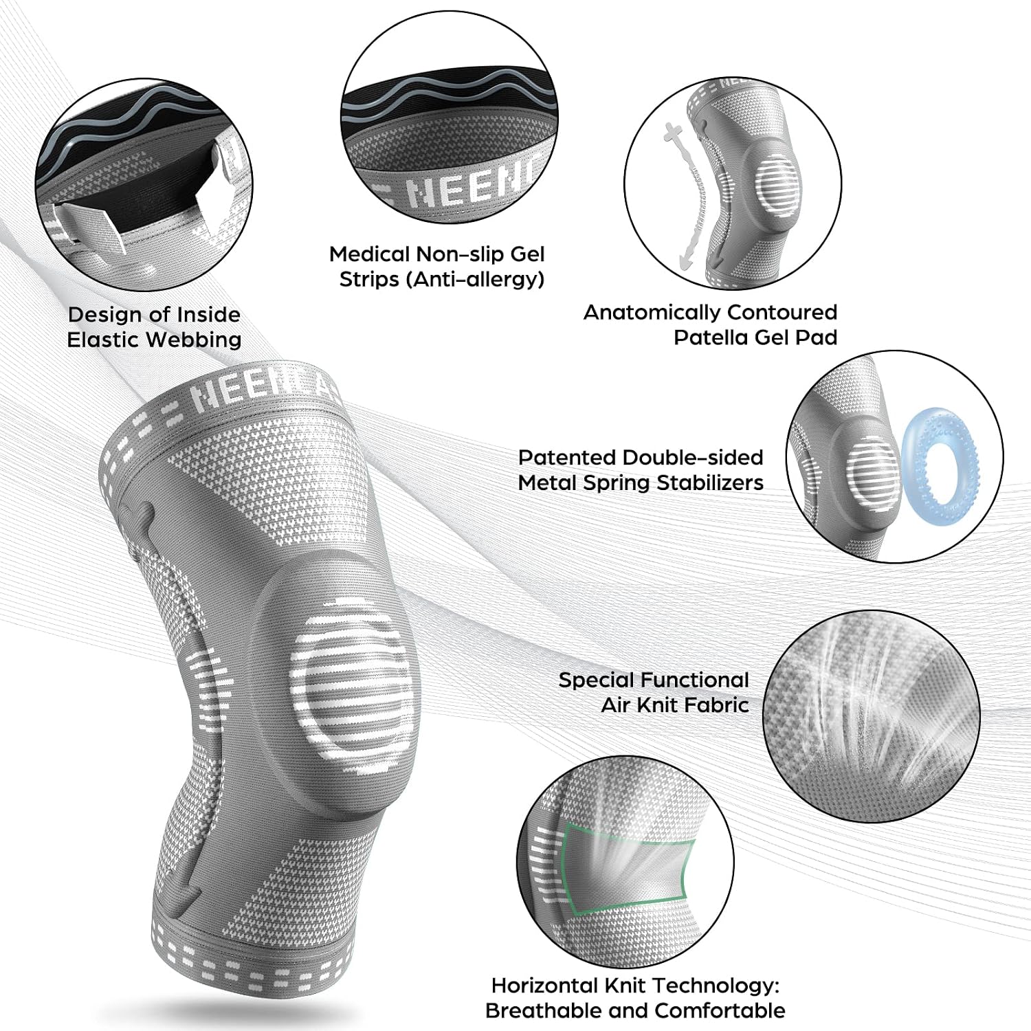 Detalle de NEENCA Knee Brace: Medical-Grade Knee Compression Sleeve with Patella Gel Pad and Side Stabilizers