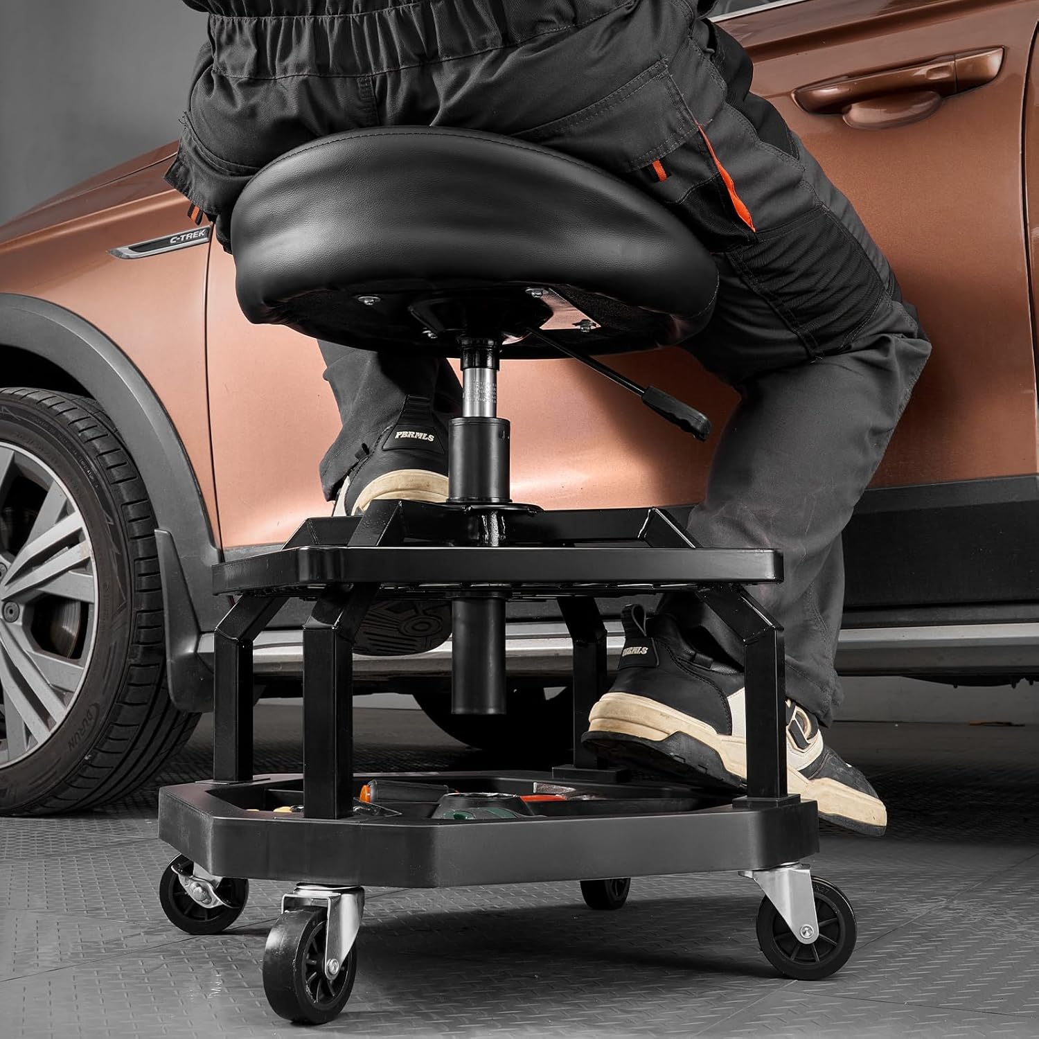 Detalle de VEVOR Tabouret d'atelier roulant à hauteur réglable – support lombaire, 360° et 136 kg