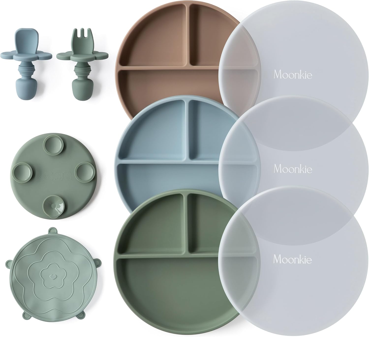Detalle de Moonkie 3-teiliges Silikon-Kindergeschirr-Set mit Saugnapf-Teller, Deckel, Gabel & Löffel (BPA-frei) – Warm Taupe/Hellblau/Grau Grün