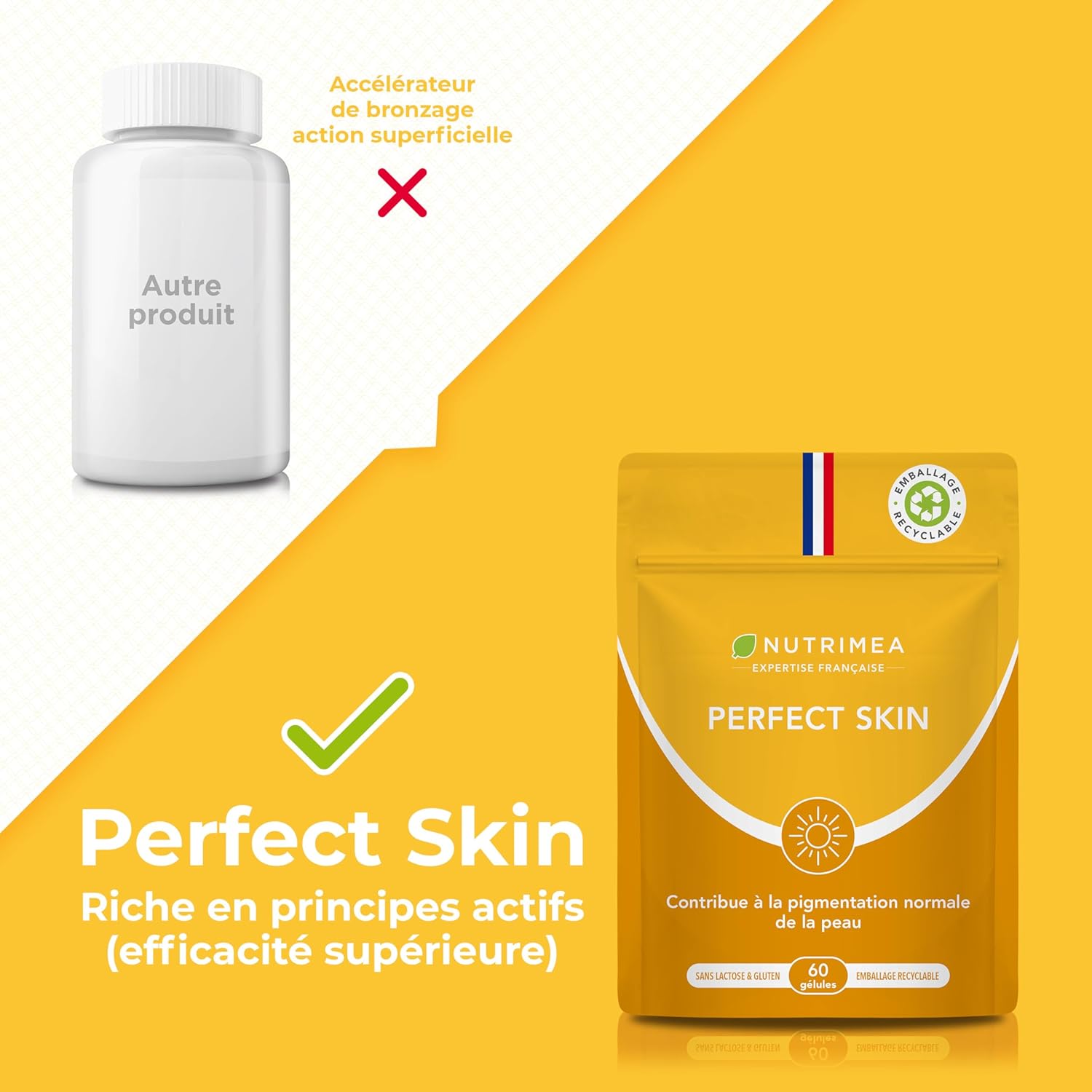 Detalle de Nutrimea PERFECT SKIN – Préparateur et accélérateur de bronzage, 60 gélules vegan (β-carotène & bardane)
