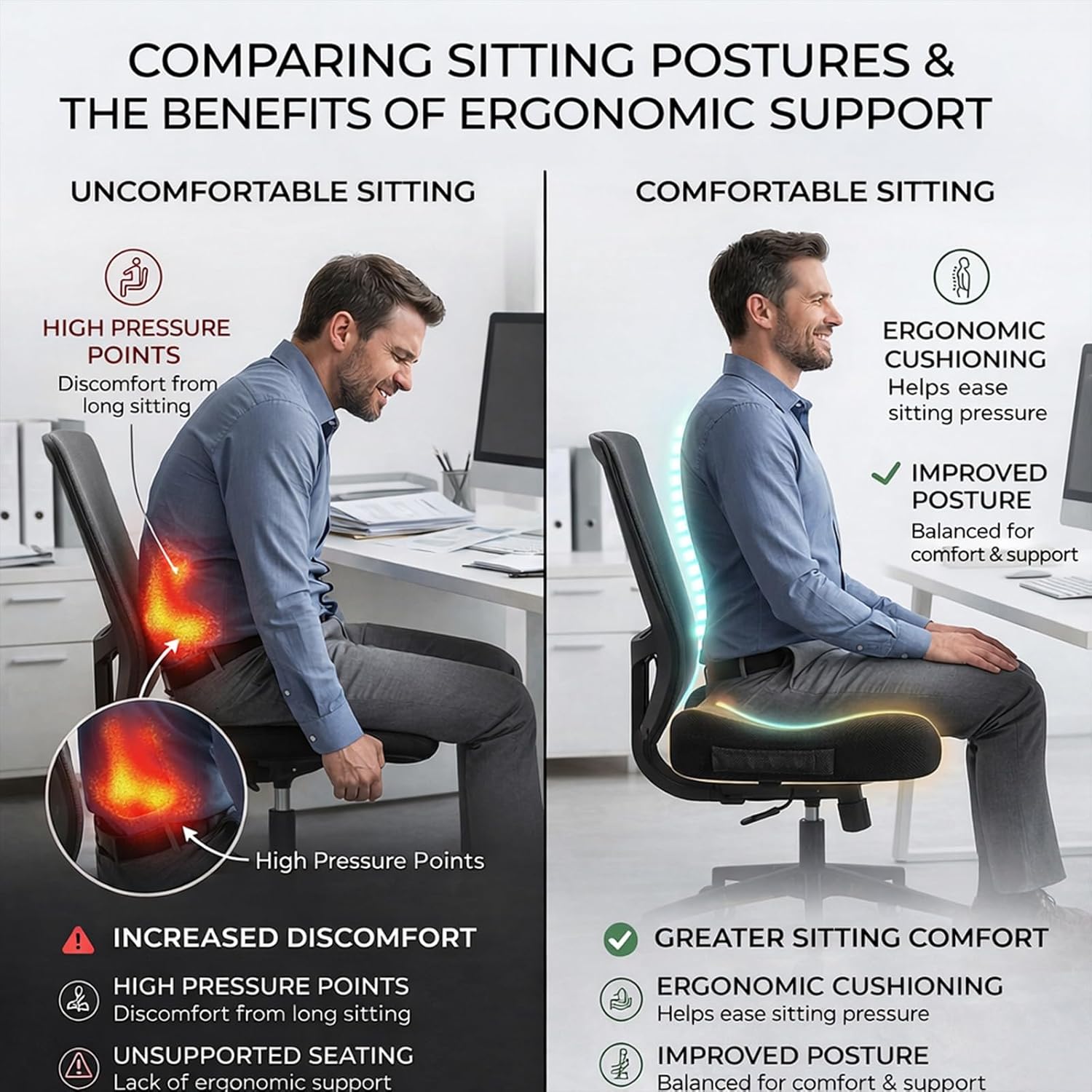 Thumbnail 4 de ED LINEN Memory Foam Seat Cushion for Office Chair: U-Shaped Ergonomic Pad with Back Support