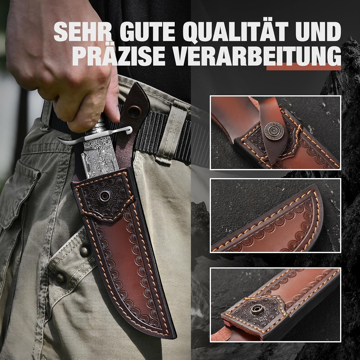 Detalle de DRACHENADER W-S-Damas Damascus Fixed-Blade Hunting Knife with Wood Handle