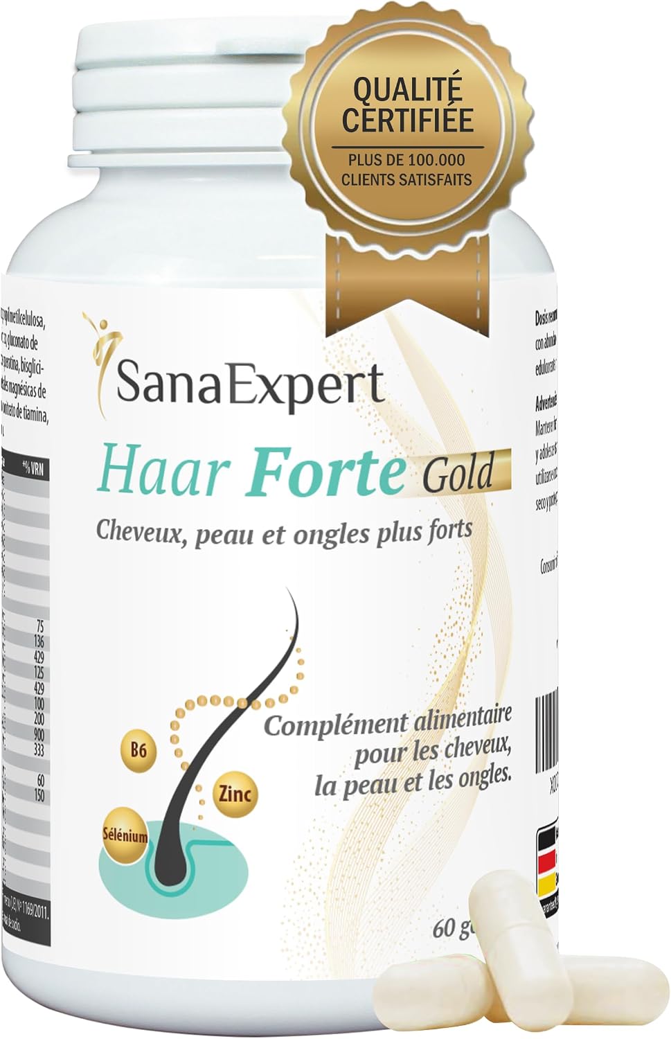Detalle de SanaExpert Haar Forte Gold – Complément capillaire vegan en gélules (60 capsules) pour renforcer les cheveux