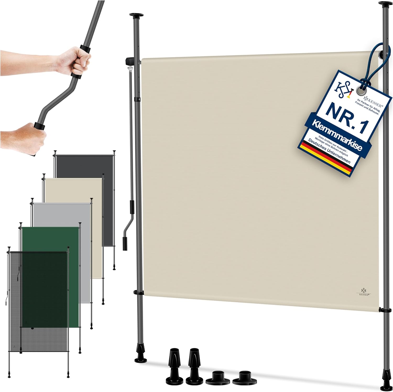 Detalle de KESSER Klemmmarkise 120x310 cm – wetterfester Sichtschutz ohne Bohren, Wind- & Sonnenschutz
