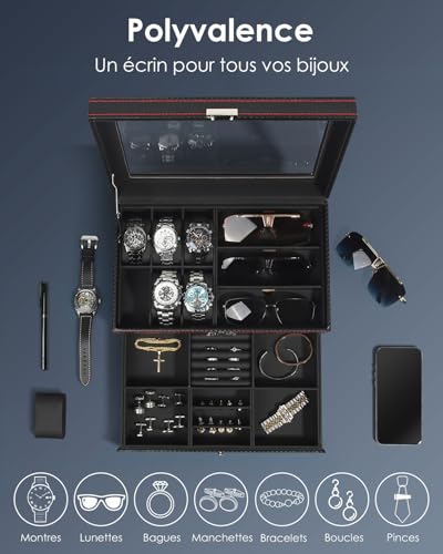 Thumbnail 5 de Kukikan Étui pour montre design – boîte à bijoux à 2 niveaux avec couvercle en verre et serrure