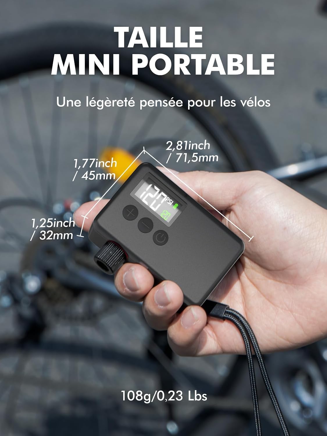 Detalle 2 de GPUTEK Pompe à vélo électrique compacte avec manomètre LED et arrêt automatique (compatibles valves Presta et Schrader)